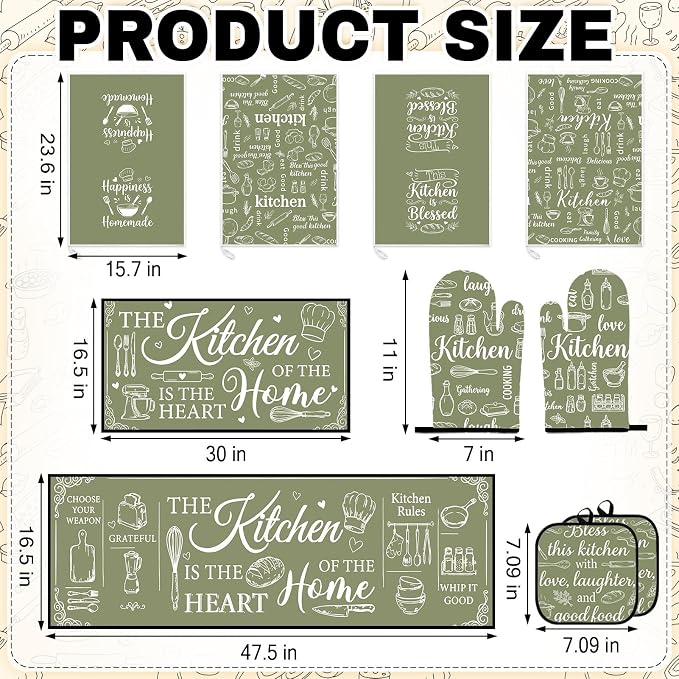 10 Pcs Kitchen Decor and Accessories Set, Farmhouse Sage | Green Baking Happiness 4 Dish Towels Kitchen Rugs 2 Oven Mitts 2 Pot Holders, Home Decor for Cooking Baking BBQ Housewarming