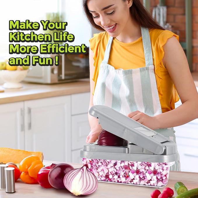 Yusshn Vegetable Chopper, 12-in-1 Food Veggie Chopper Cutter with Container | 7 Sharp Blades Dice, Slice, Shred and Grate for Salads, Onions and Meal Prep, with a Non-Slip Base and Drain Basket
