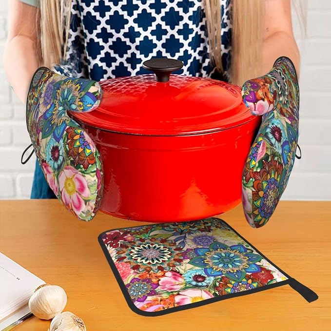 Boho Floral Oven Mitts and Pot Holders Sets of 3, Cute Baker Stuff | Heat Resistant Colorful Kitchen Gloves Hot Pads,Chef Cooking Gifts for Women Bakers,Kitchen Gifts for Baking Lover Cooks Mom
