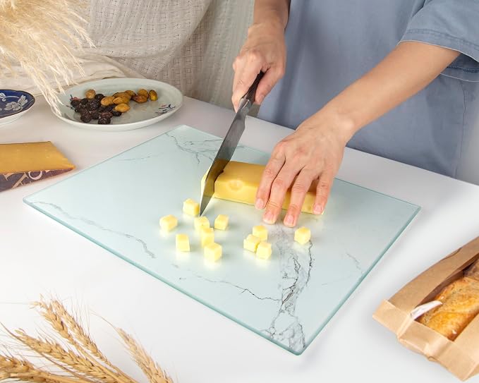 Glass Cutting Board 16"x12": Tempered Glass Kitchen Counter Protector - Durable- Scratch-Resistant, Heat-Proof - Design 2 - White Marble Effect