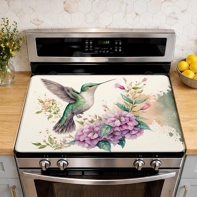 Stove Top Cover Hummingbird and Flowers 28.5x20.5Inch for Electric Stove,Heat Resistant Silicone Cooktop Protector,Glass Stove Cover Mat,Anti Scratch Countertop Protector