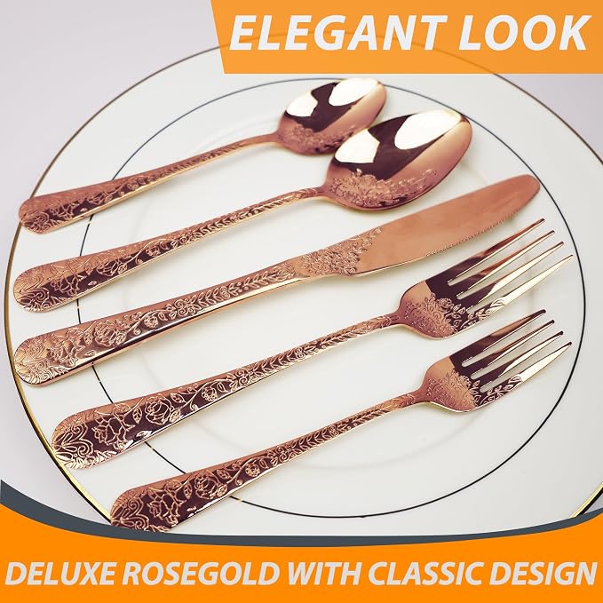Runfly Modern Carved Floral Rose Gold Stainless Steel 20-Piece Flatware Set | Silverware Set, Vintage Utensil Set, Cutlery Set for Home and Kitchen, with Knife/Fork/Spoon