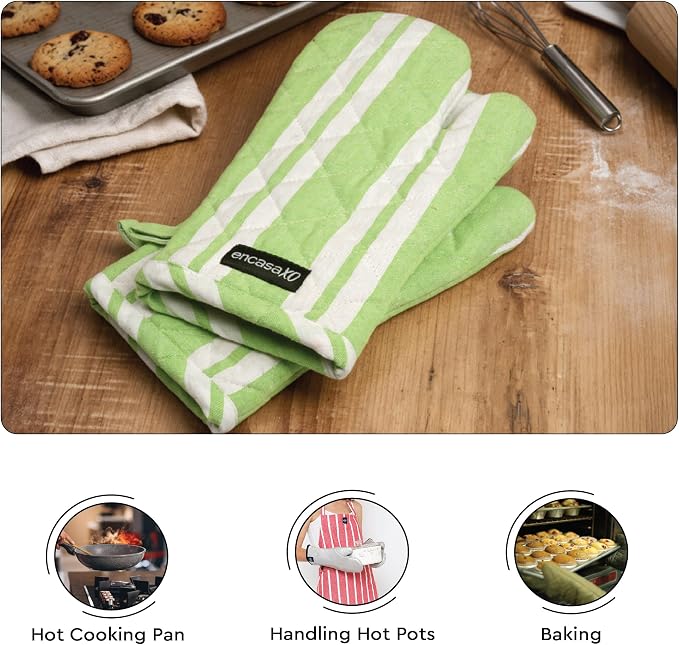 Encasa XO Oven Mitts, Heat Resistant Kitchen Gloves, Microwave | Franca Lime Stripes, 100% Cotton | Diamond Quilted Insulation | Pot Holders | Hanging Loop | Barbecue & Grill | Set of 2
