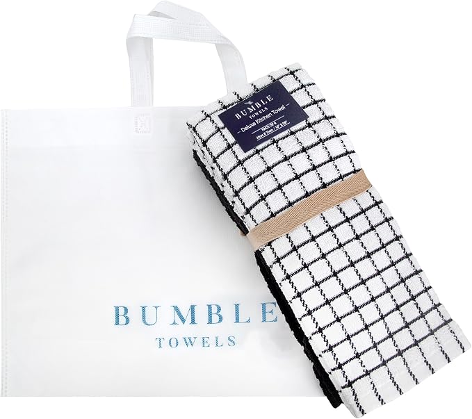 Bumble Kitchen Towels (6-Pack), 16"x28", 100% Cotton Dish Towels - Black | 380 GSM | Soft kitchen hand towels , Highly Absorbent & Durable Dish Towels for kitchen with Hanging Loop