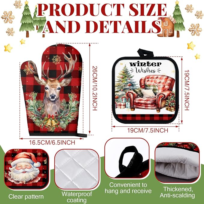 SiliFine 12 Pcs Christmas Kitchen Accessories Set Xmas Buffalo Plaid Pot Holders Santa Claus Oven Mitts Xmas Reindeer Gnome Kitchen Towels for Christmas Home Decorations, Cooking Baking Holiday Gifts
