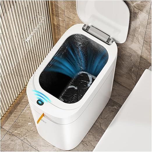 3.5 Gal Rechargeable Motion Sensor Bathroom Trash Can with Lid, Bag Suction | Water-resistant design, automatic liner suction and hands-free opening for bathrooms, bedrooms, kitchens and offices