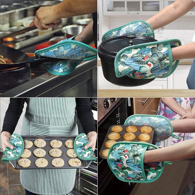 Pot Holders with Transparent Clear Silicone Shell and Nice Cactus Flower | Potholders Cotton Lining Set of 2, Heat Resistant to 500 F Kitchen Oven Gloves for Cooking (Cactus flower, Potholders)
