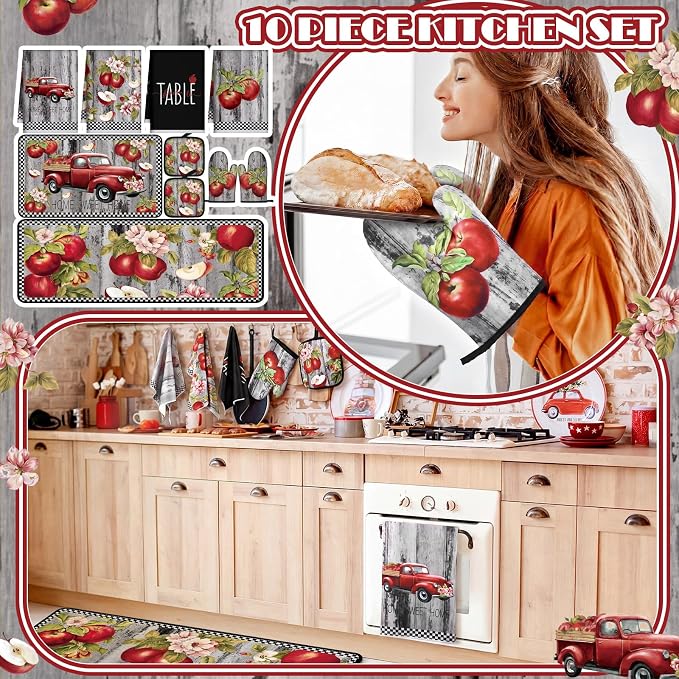 Fourluoo 10 Pcs Apple Kitchen Decor Set Apple Kitchen Rugs and Towels Oven Mitts and Pot Holders Sets for for Cooking Baking Mom Housewarming Gifts