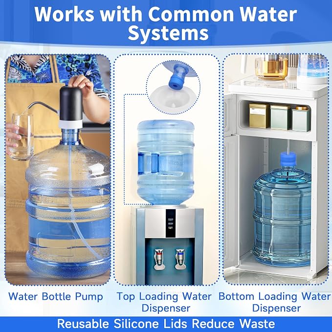 5 Gallon Water Jug Caps, 3 Pack, Fits 55mm Openings, Non-Spill Lids | 2-5 Gal Bottles, Reusable Silicone Water Bottle Caps, Refill Transport, Water Cooler Use, Bottle Pump Use, Side Pull Tabs