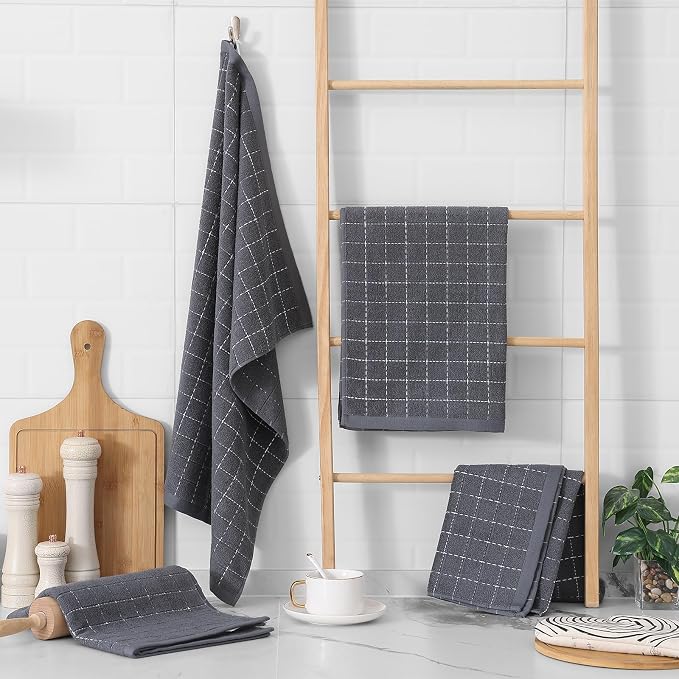 Homaxy 100% Cotton Terry Kitchen Towels, Large 4 Pack, Dark Grey | Ultra Soft and Absorbent Dish Towels for Kitchen, Suitable for Drying and Washing Dishes