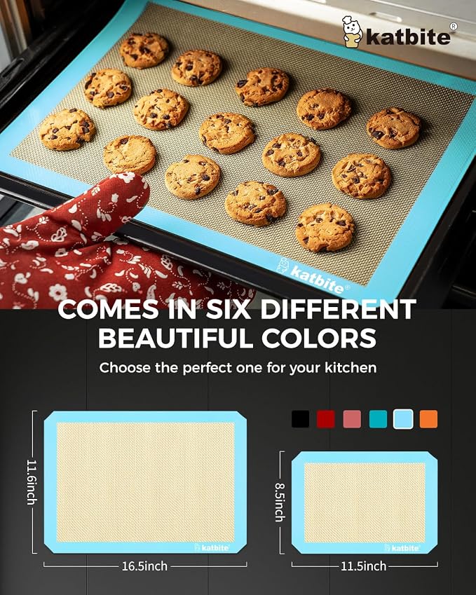 Katbite Silicone Baking Mat Set of 3 Light Blue | 2 Half Sheets Mats + 1 Quarter Baking Sheet, Reusable & Nonstick Bakeware Mats for Cookies, Macarons, Bread