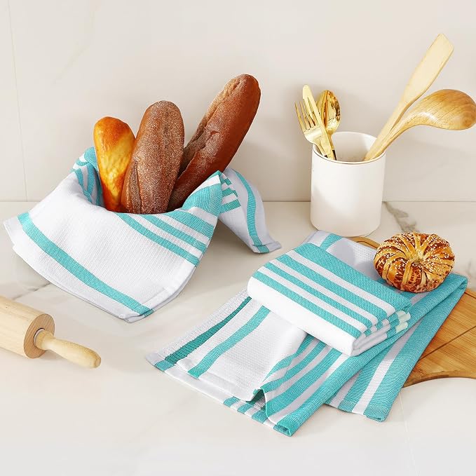 Homaxy Premium Cotton Stripe Kitchen Towels 6 Pack, 18"x 28", Teal | Large 380 GSM Kitchen Hand Towels, Soft Terry Dish Towels, Highly Absorbent Tea Towel Set with Hanging Loop