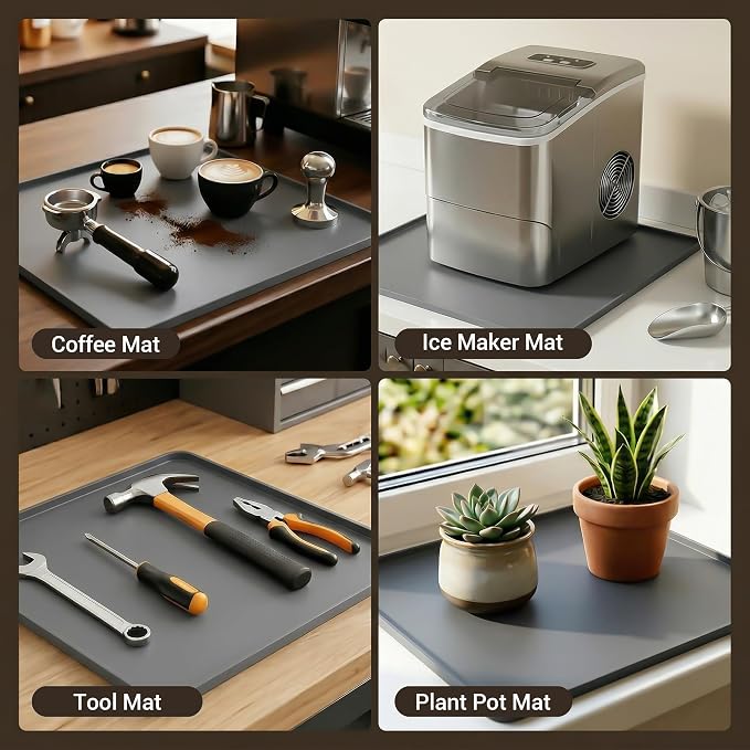 ZJWZLG Silicone Coffee Mat for Countertop, 16x16 inch - Heat Resistant Espresso Machine Mat with Raised Edge, Non-Slip Waterproof Station Pad, Compact Coffee Bar & Kitchen Accessories - Grey