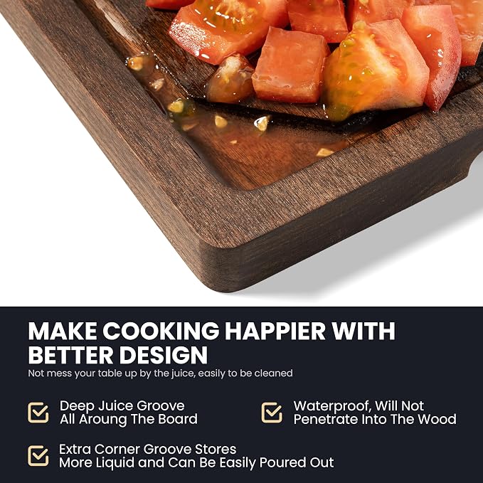 Walnut Wood Cutting Board for Kitchen with Deep Juice Groove & Side Handles, 12”L x 8”W x 0.8”H, Handcrafted North American Black Walnut Wood Grain, Small Chopping Board, Reversible Butcher Block