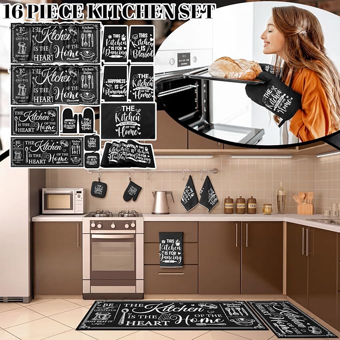 Fourluoo 16 Pcs Kitchen Decor Set, Farmhouse Kitchen Towels and Dishcloths Black White Quote Non Slip Rugs Mats for Floor Oven Mitts and Pot Holders Placemats Curtains Set for Home Decor Gift
