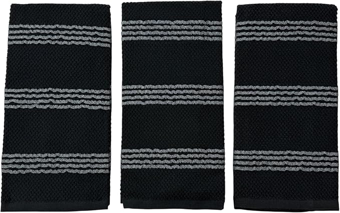 Black Kitchen Hand Dish Towels: Oversized 18" x 28",100% Cotton Soft Absorbent Dish Cloths for Cleaning Drying, Set of 3 Multipurpose for Everyday Use