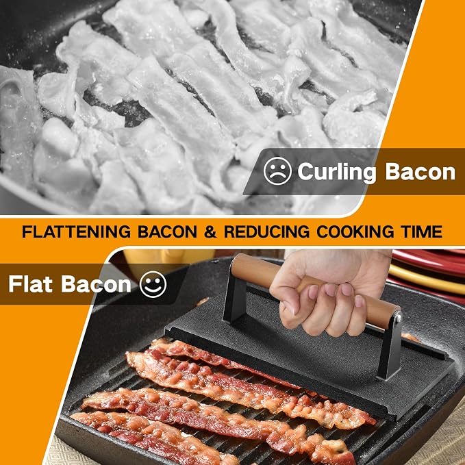 Yoehka Cast Iron Grill Press, 2Pcs Heavy Duty Bacon Press with Wood Handle | Cooking Weight, Griddle/Chef Press, Perfectly Grilled Burger/Steak/Meat/Sandwich/Panini, Rectangle