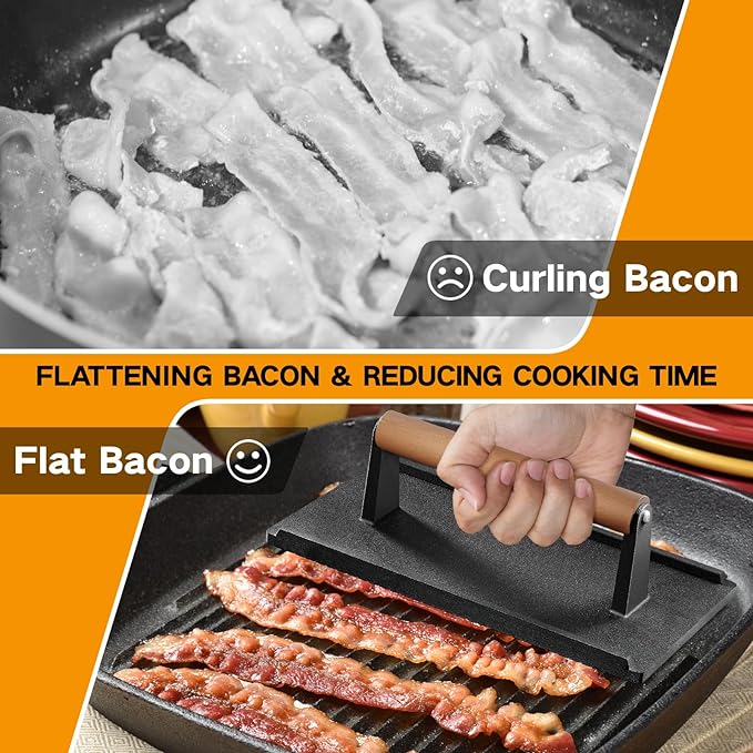 Yoehka Cast Iron Grill Press, 1Pcs Heavy Duty Bacon Press with Wood Handle | Cooking Weight, For Burger/Steak/Meat/Sandwich/Panini, Griddle/Chef Press, Rectangle,