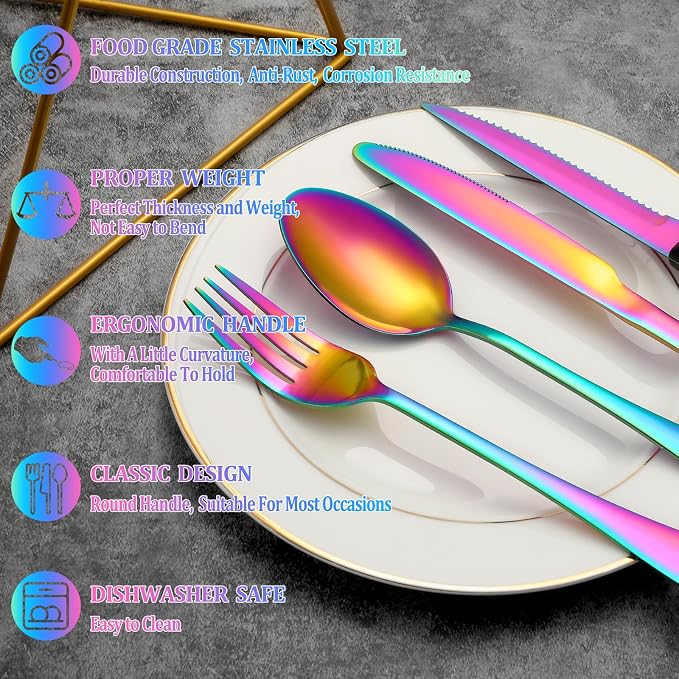 72 Pcs Rainbow Silverware Set with Steak Knives, Stainless Steel Flatware Cutlery Set for 12, Kitchen Tableware Sets, Utensil Sets for Home and Restaurant, Dishwasher Safe