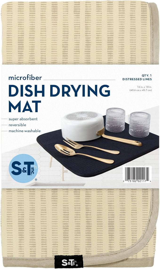 S&T INC. Dish Drying Mat, 16" x 18", Large, Distressed Lines | Absorbent Microfiber, Kitchen Counter Mat for Dishes, Utensils, Pots and Pans, Machine Washable