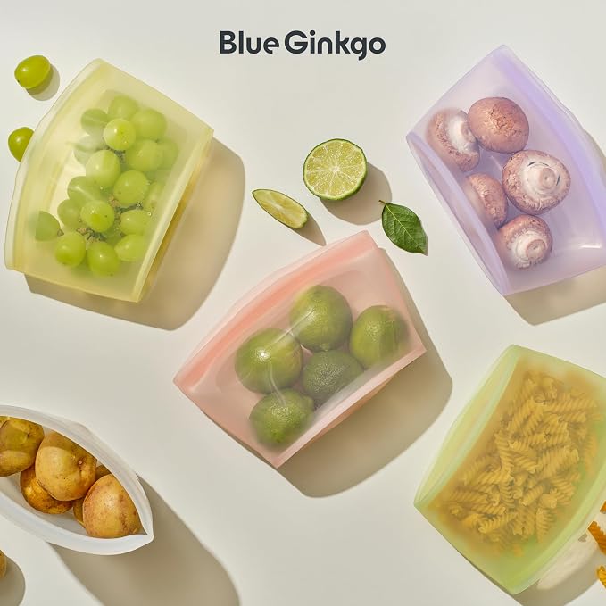 Blue Ginkgo Silicone Food Storage Bags, 4-Pack, Reusable, Made in Korea | Leakproof. Stand Up. Freezer and Dishwasher Safe. (Pumpkin)