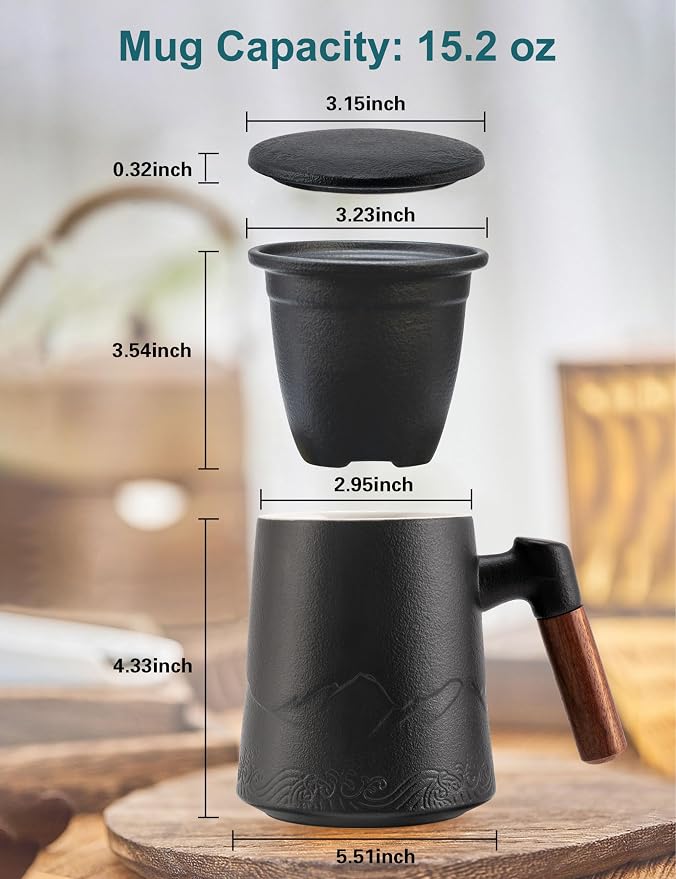 suyika Tea Cup with Infuser and Lid, Gradient Black & Blue, 15.2oz /450ml | Ceramic Mug, Wood Handle, For Loose Leaf Tea