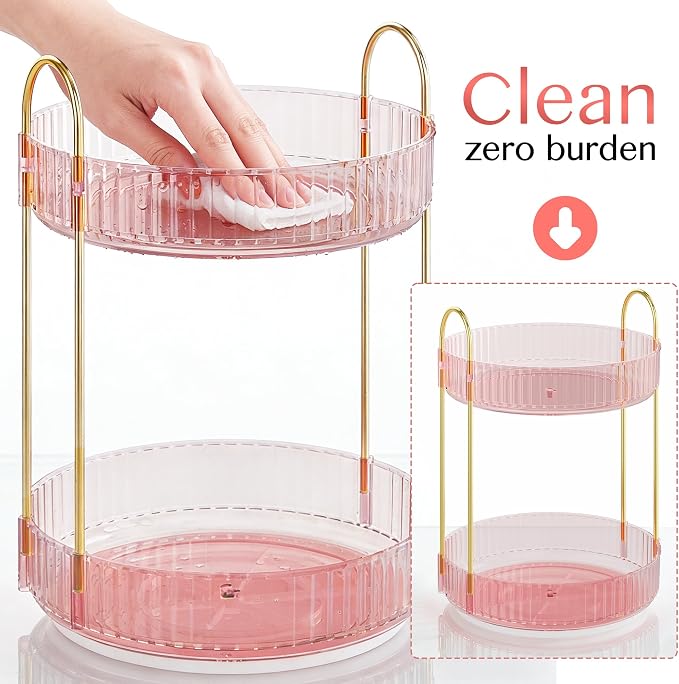 Rotating Makeup Organizer Countertop, Skincare Organizers | Spinning Perfume Tray Stand, Makeup Storage Organizer for Vanity, Bathroom Organizer and Storage, Lazy Susan, 2 Tier, Pink