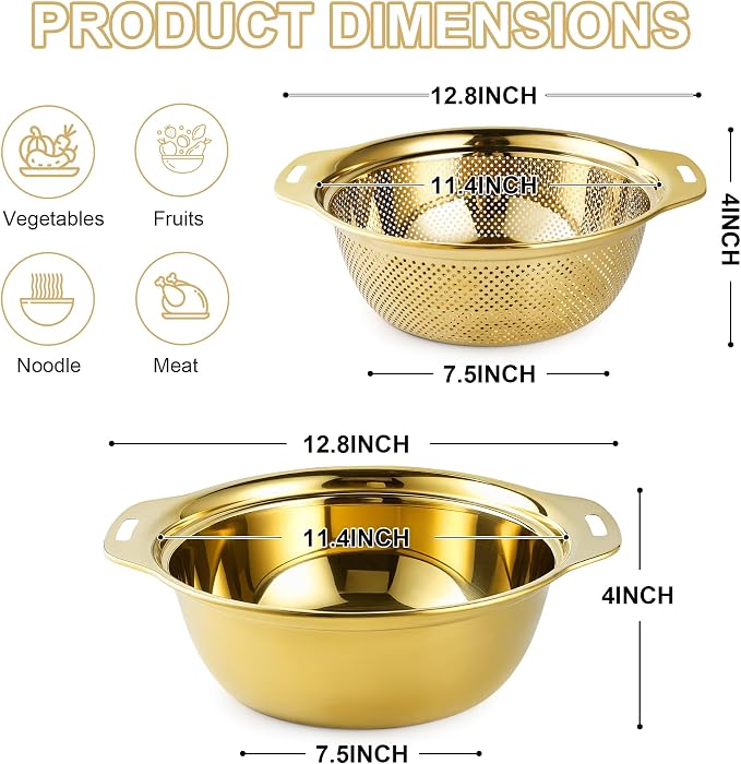 Gulex Colander Stainless Steel 5-quart with Bowls, Strainer Kitchen, Gold
