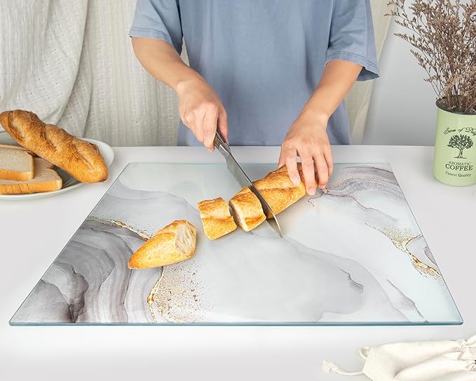 Glass Cutting Board 20”x16”: Tempered Glass Kitchen Counter Protector - Durable- Scratch-Resistant, Heat-Proof - Design 7 - White & Gold