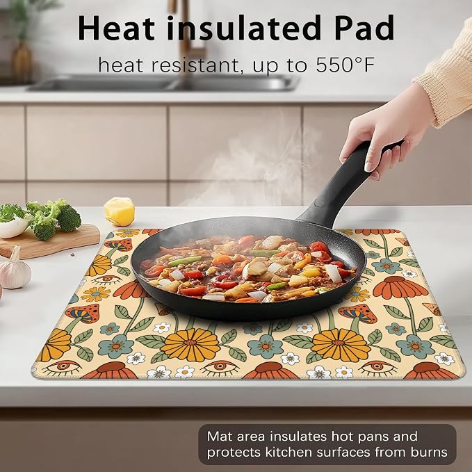 Hippie Abstract Flowers Stove Top Cover for Electric Stove,Heat Resistant Glass Cooktop Cover,Multipurpose Stove/Counter/Washer Top Protector,Dishwasher Safe Rubber (28x 20)