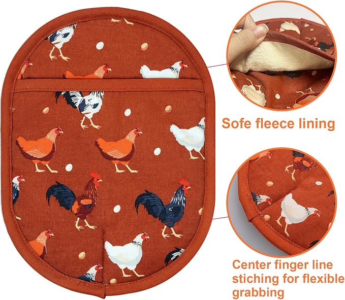 Pot Holders with Transparent Clear Silicone Shell and Nice Rooster Flower | Potholders Cotton Lining Set of 2, Heat Resistant to 500 F Kitchen Oven Gloves for Cooking (Rooster flower, Potholders)