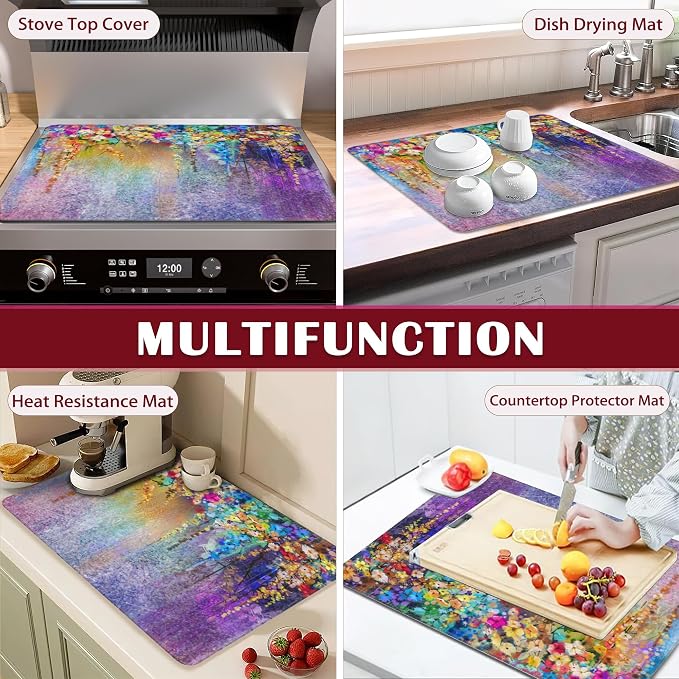 Stove Top Cover for Electric, Colorful Flowers Watercolor Plants Glass Ceramic Stove Cover,Heat Resistant Flat Stovetop Protector, Dish Drying Mats for Kitchen