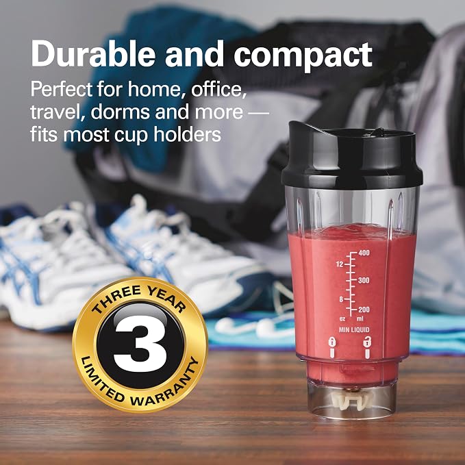 Hamilton Beach Portable Blender for Smoothies With 14 oz. Travel Jar | BPA Free Jar & Lid | Durable Stainless Steel Blades | 300 Watts Peak Power | Personal Smoothie Blender | Black | 51101AG