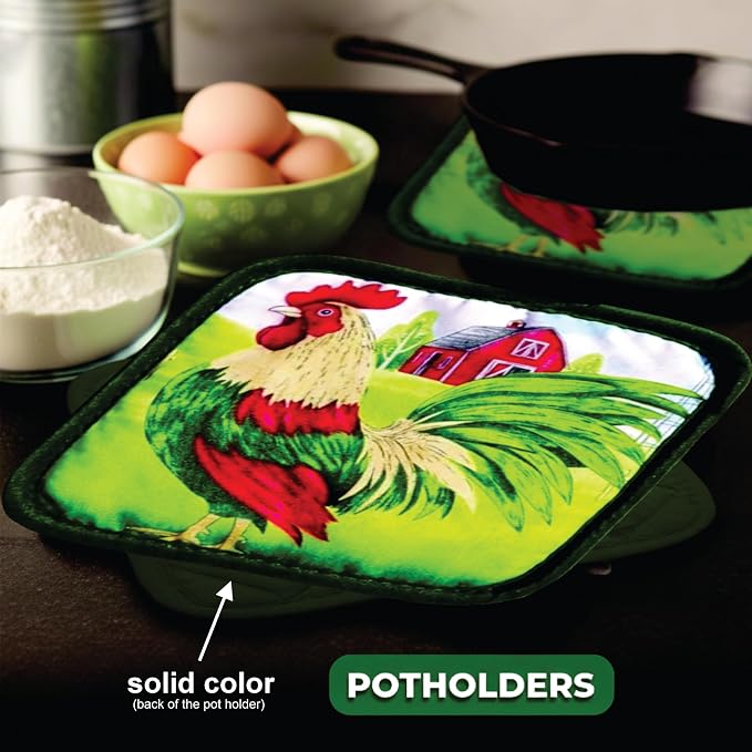 Proud Rooster & Red Barn Motif, 5 Piece Set | Kitchen Towel Set with 2 Decorative Dish Towels (25 X15), 1 Oven Mitt (11 X 7) and 2 Potholders (6.5 X 6.5)