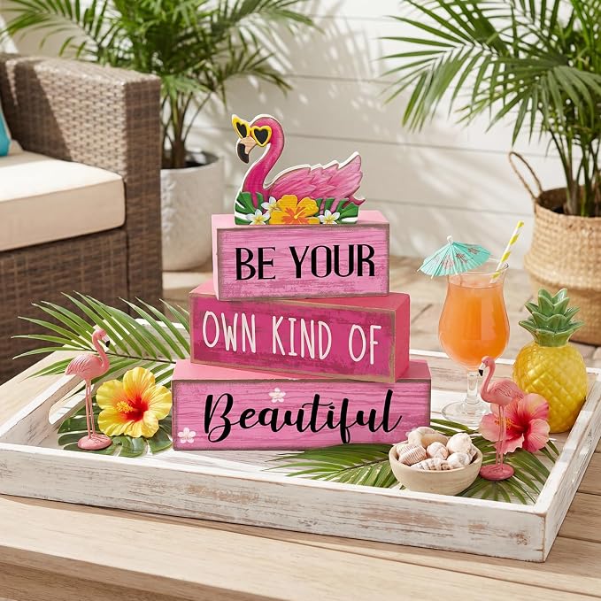 Lineshading 4 Pcs Flamingo Summer Decor Wooden Tabletop Signs Pink | Farmhouse Tiered Tray Decorations, Birthday Party Blocks with Quotes, Flamingo Table Centerpiece for Home Gift