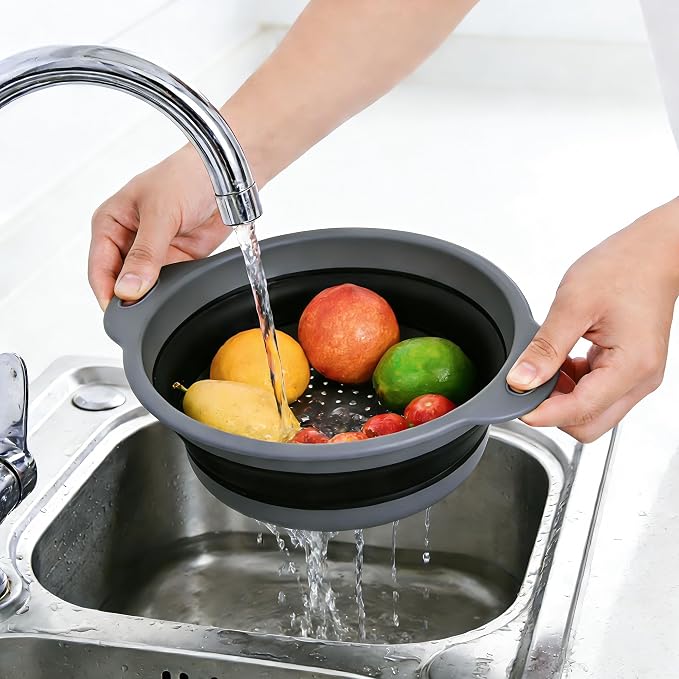 Collapsible Colander Set of 3, Silicone Food Foldable Strainer for Cooking Pasta, Vegetables and Fruit (3QT, 4QT and 5QT), Black