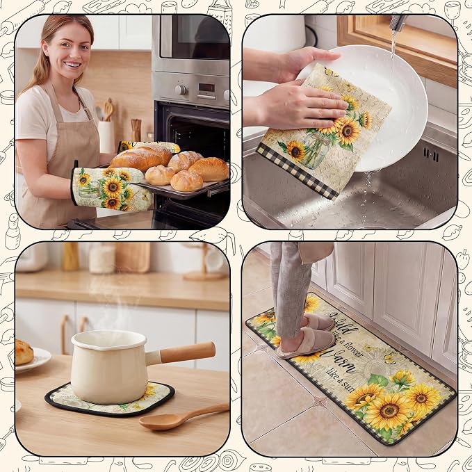 10 Pcs Kitchen Decor and Accessories Set, Sunflower Fall | Farmhouse Rustic 4 Dish Towels Kitchen Rugs 2 Oven Mitts 2 Pot Holders, Home Decor for Cooking Baking BBQ Housewarming