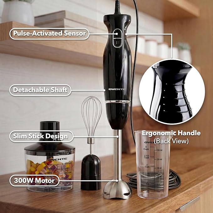 OVENTE Electric Hand Blender Set with 2 Mixing Speeds, 300W Black HS565B | Corded Immersion Handheld Stick Mixer with Stainless Steel Blades, Egg Whisk, Beaker & BPA-Free Food Chopper