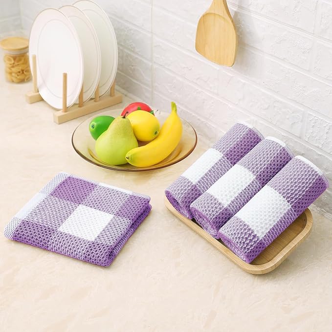 Homaxy Kitchen Towels and Dishcloths Set, Set of 8, White & Purple | Bulk Cotton Waffle Weave Check Plaid Kitchen Towels, Super Soft and Absorbent Dish Cloths, 12 x 12 and 13 x 28 Inches