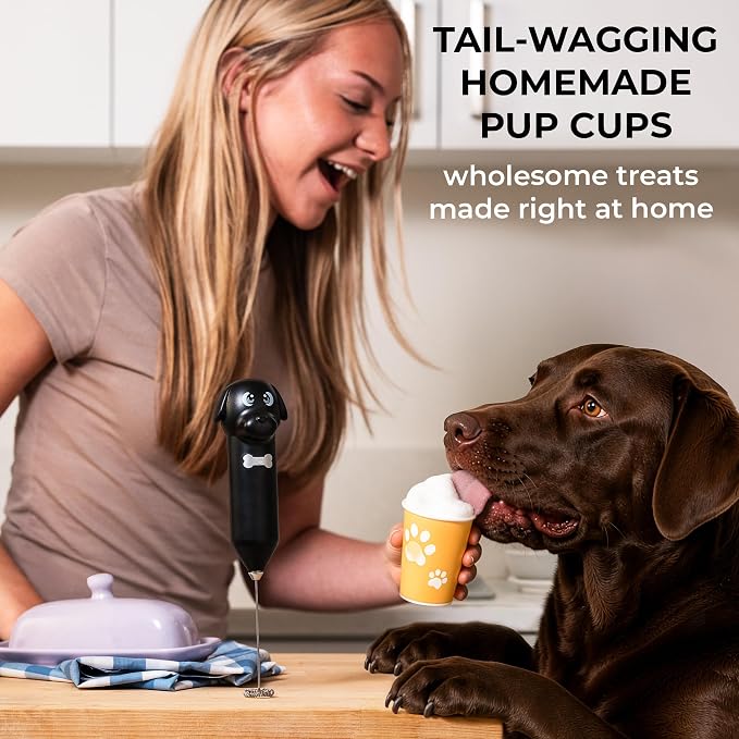 Zulay Kitchen Dog Milk Frother Wand – Cutesy Frother, Meet Your New Frothing Buddy Ace The Dog, Adoption Papers and Stickers Included, Paw-fectly for Lattes, Cappuccino & Matcha – Black