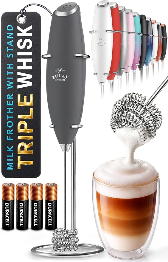 Zulay Kitchen Powerful Milk Frother Wand With Duracell Batteries - Ultra Fast Handheld Drink Mixer - Electric Whisk Foam Maker for Coffee, Lattes, Cappuccino & Matcha - Triple Whisk - Onyx Slate
