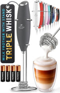 Zulay Kitchen Powerful Milk Frother Wand With Duracell Batteries - Ultra Fast Handheld Drink Mixer - Electric Whisk Foam Maker for Coffee, Lattes, Cappuccino & Matcha - Triple Whisk - Onyx Slate