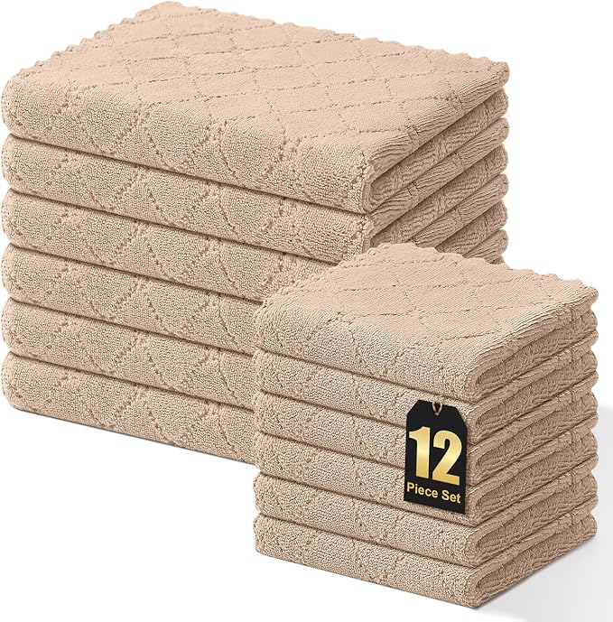 Homaxy Super Soft 12 Pack Kitchen Towels and Dishcloths Set, Tan | Ultra-Absorbent, 10 x 10 and 13 x 19 Inches, Coral Velvet, No Lint, Nonstick Oil, Fast Drying, Microfiber Cleaning Cloth