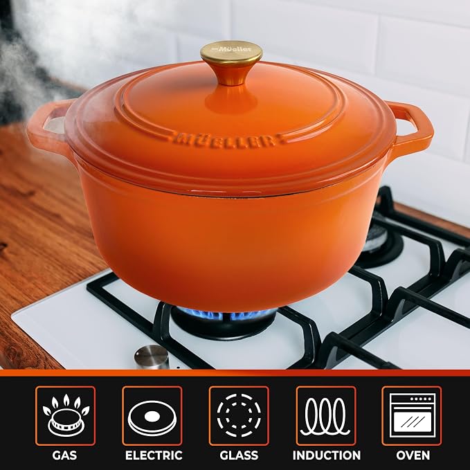 MUELLER HOME 6 Quart Enameled Cast Iron Dutch Oven for Bread Baking | Oven-Safe up to 500°F & Across All Cooktops, Housewarming Gifts New Home, Cast Iron Cookware, Gifts for Women, Orange