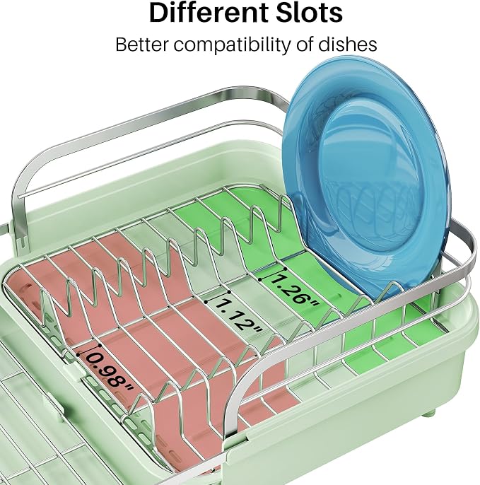 SNTD Expandable Dish Drying Rack for Kitchen Counter, 15.2-22.1 in, Green | Rust-Resistant Stainless Steel, Protective Side Rails, Self-Draining Drainboard, Removable Utensil Holder