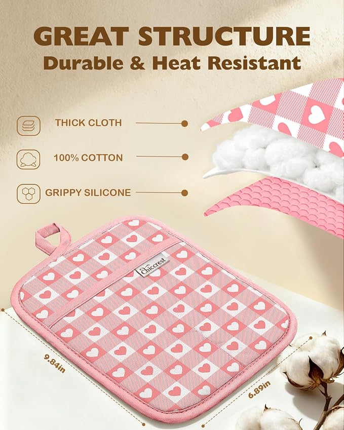 100% Cotton Pot Holders Textured Soft Silicone Pink Gingham | Stylish Pot Holders 2pcs, Machine Washable Non-Slip Heat Resistant Hot Pads & Oven Mitts 2-in-1, Practical Kitchen Decor