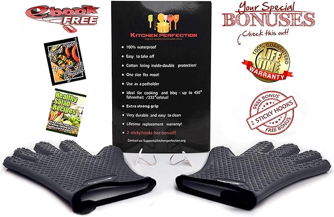 KITCHEN PERFECTION Silicone Smoker BBQ Gloves - Heat Resistant Oven Mitts | Waterproof, 5-Finger Design For A Better Grip, for Pitmasters, Meat Smoking, Grilling, Cooking, Frying Turkey | Grill Gift