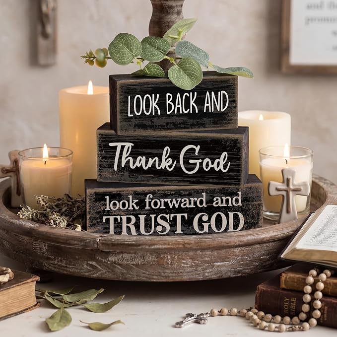 Lineshading 4 Pcs Christian Wooden Block Signs Farmhouse Centerpiece | Rustic Tiered Tray Decor with Bible Verse, Religious Home Signs for Tables, Faith-inspired Wood Blocks Gift
