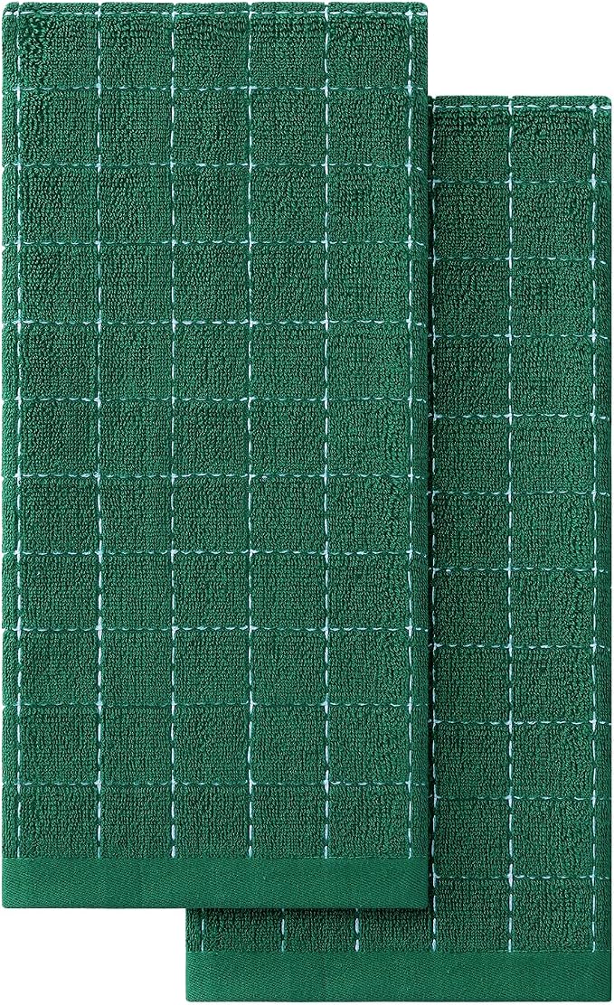 Homaxy 100% Cotton Terry Kitchen Towels, 2 Pack, Dark Green | Ultra Soft and Absorbent Dish Towels for Kitchen, Suitable for Drying and Washing Dishes