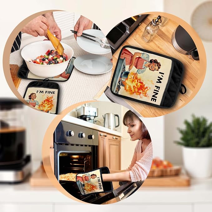 I'm Fine Funny Kitchen Pot Holders with Pockets, Humorous Cooking Housewife Oven Pot Holders Heat Resistant Oven Mitts Hot Pads for Kitchen Baking Cooking